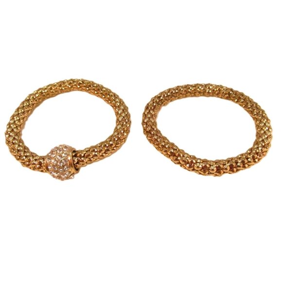 Gold Tone Stretch Metal Mesh Tube Rhinestone Bracelet 2 Piece Lot - Picture 2 of 15
